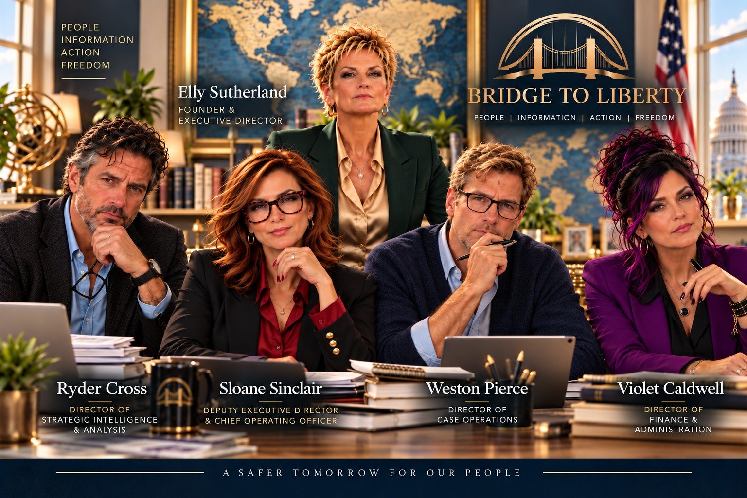 The Bridge to Liberty leadership team: Elly Sutherland, Ryder Cross, Sloane Sinclair, Weston Pierce and Violet Caldwell