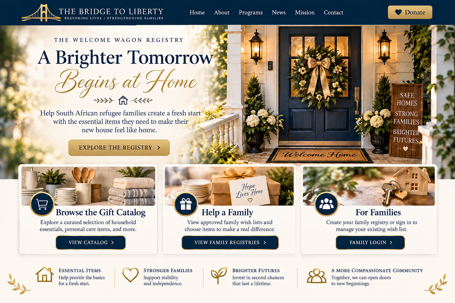 A brighter tomorrow begins at home. A warmly lit navy front door with a lush wreath, cream flowers and gold bow welcomes families to the Welcome Wagon Registry.